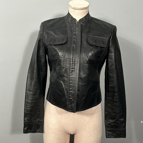 DKNY Donna Karan City Black Leather Jacket Moto Style Hard Leather size Petite - Picture 17 of 17